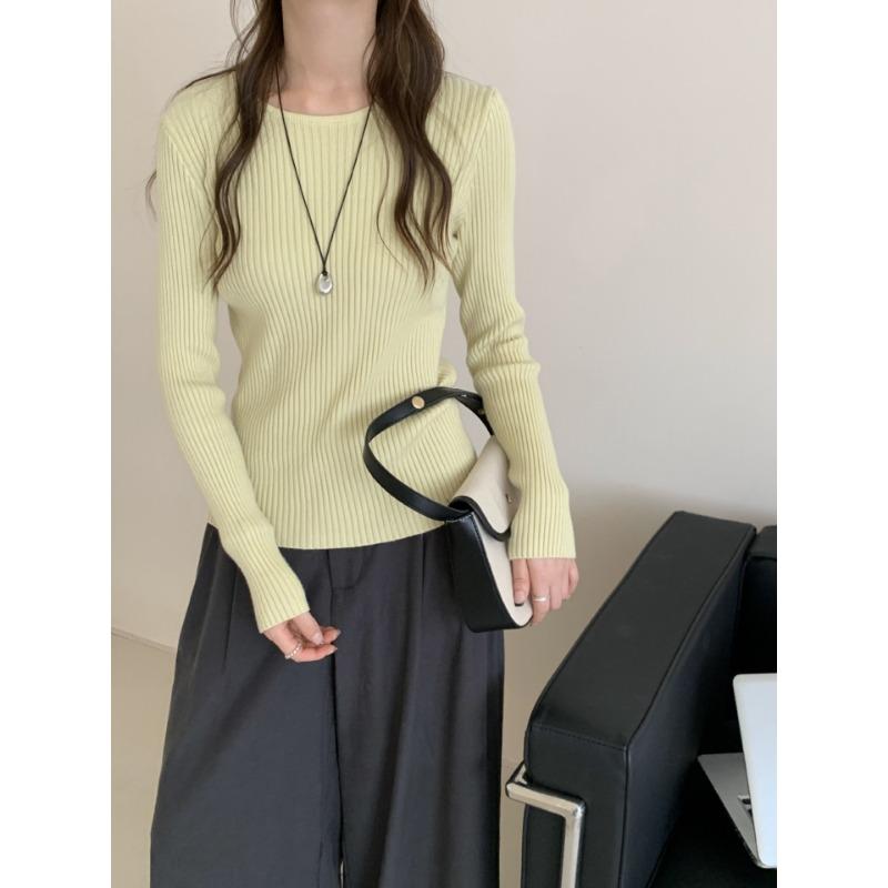 Crew neck back bow design sense knitted bottoming shirt autumn and winter new slim and thin sweater inner women