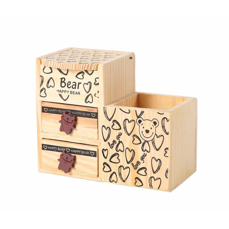 Wooden Multifunctional Desktop Organizer with Pen Holder and Drawer