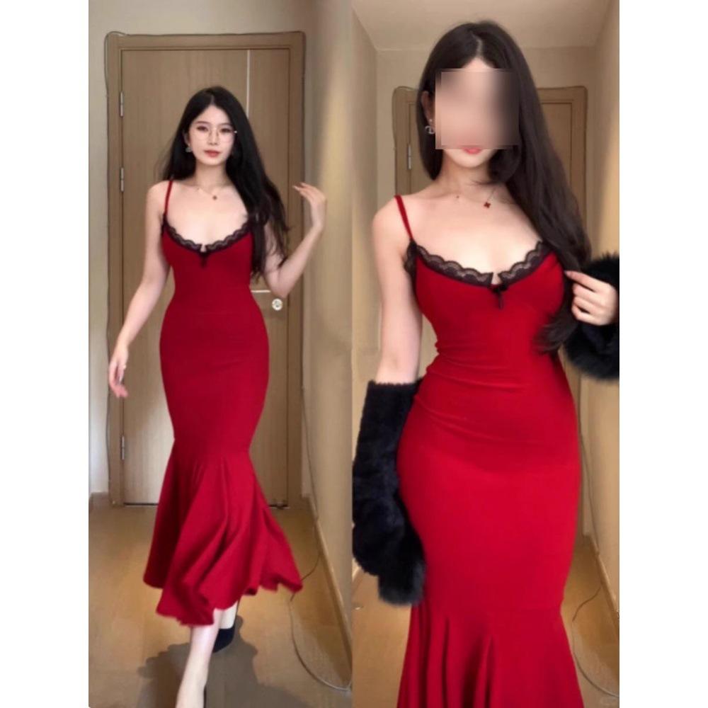 

Sweet & Spicy Red Lace Spaghetti Strap Fishtail Dress Extra Large
