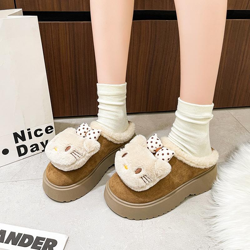 Bow KT Cat Girl Fluffy Slippers Autumn and Winter Fashion Cute Cartoon Thick Bottom Velvet Warm Bag Head Cotton Mop