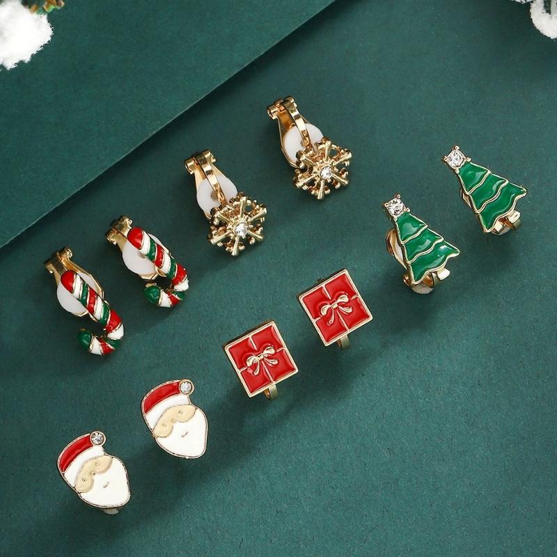 5 Pairs/Set Christmas Ear Clip Earrings For Women Zircon Xmas Tree Santa Claus Snowflake Ear Bone Clip Earring Party Jewelry