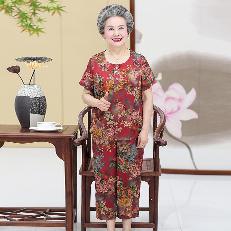 

Women’s Xiangyunsha Silk Two-Piece Set for Middle-Aged & Elderly: Ideal Summer Wear for 60s-70s. 4XL (135-150 lbs) красный