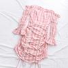 Women Off Shoulder Long Puff Sleeve Plaid Drawstring Bodycon Strapless Dress