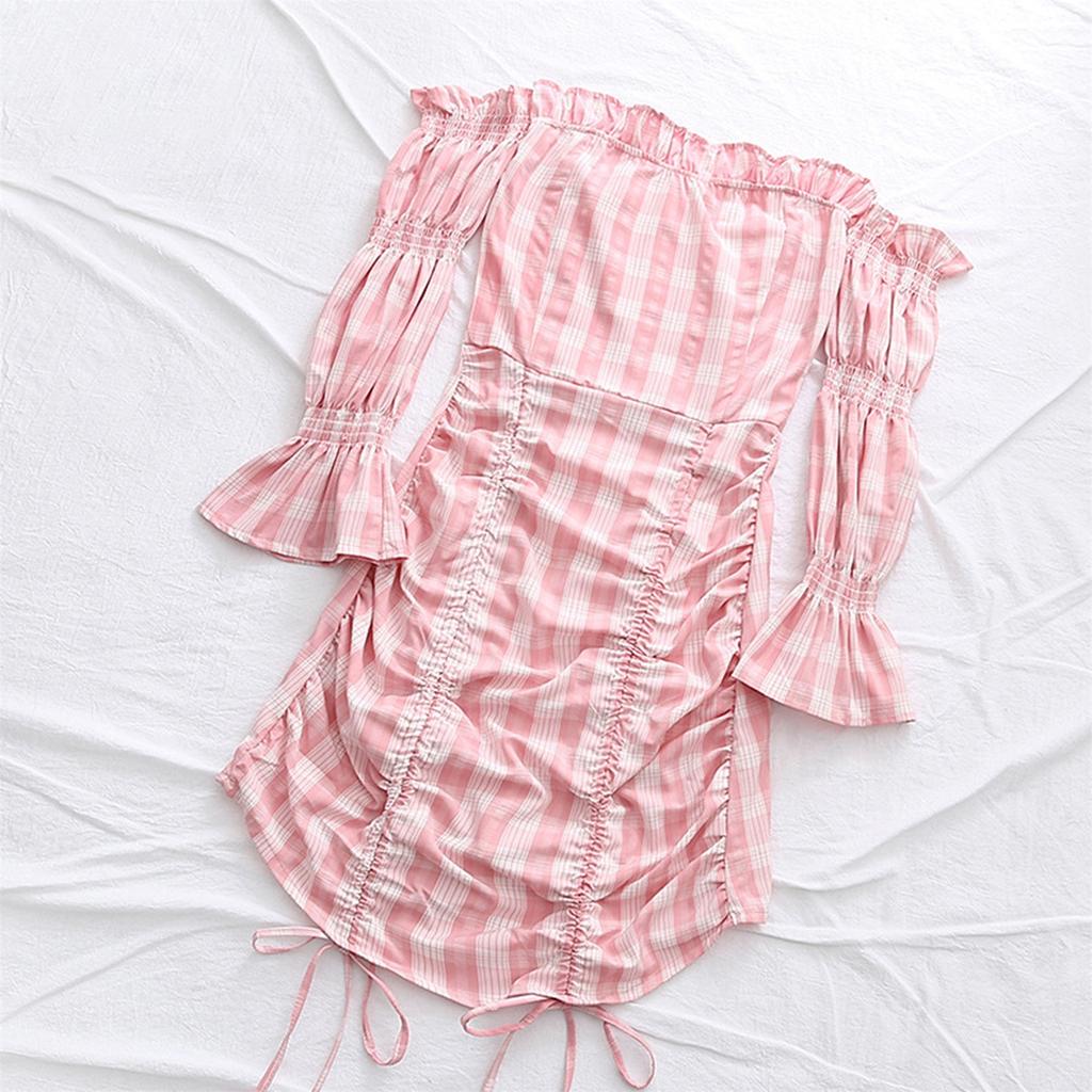Women Off Shoulder Long Puff Sleeve Plaid Drawstring Bodycon Strapless Dress