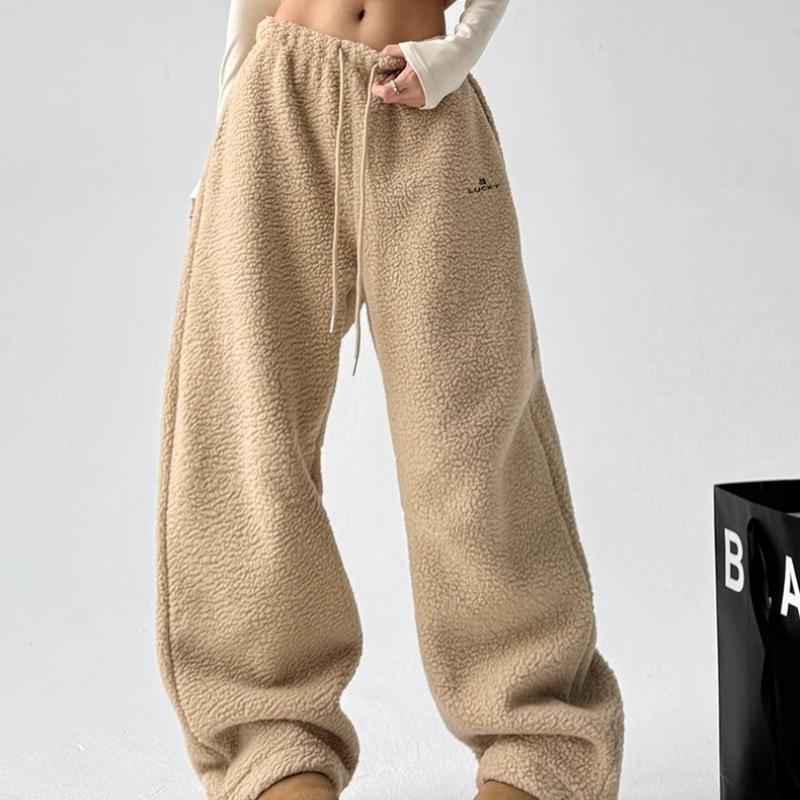 Simple Women's Thickened Pants Elastic Waist Polar Fleece Drawstring Straight Bottom Wide Leg Female Trousers Autumn Winter