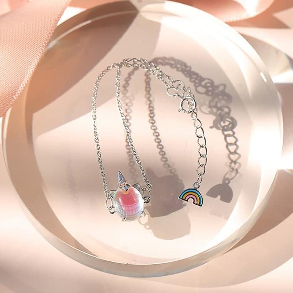 Women's 925 Silver Bracelet Anklet Chain Unicorn Faux Moonstone