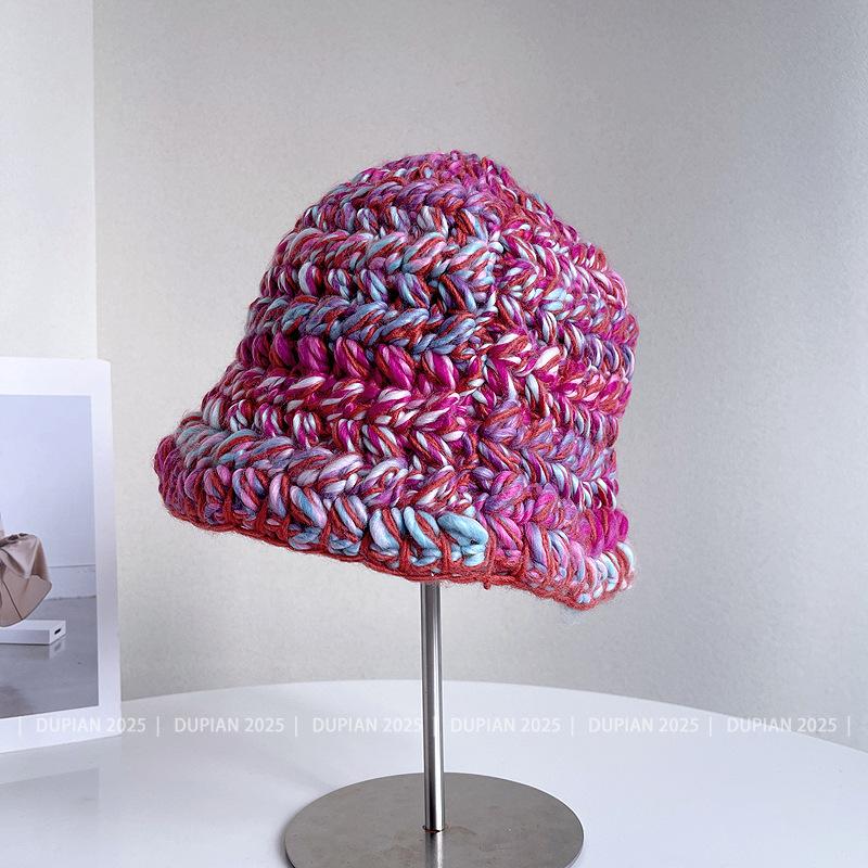 Autumn Winter New Dopamine Color Coarse Wool Knitted Bucket Hat Women'S Warm And Versatile Big Display Washbasin Hat