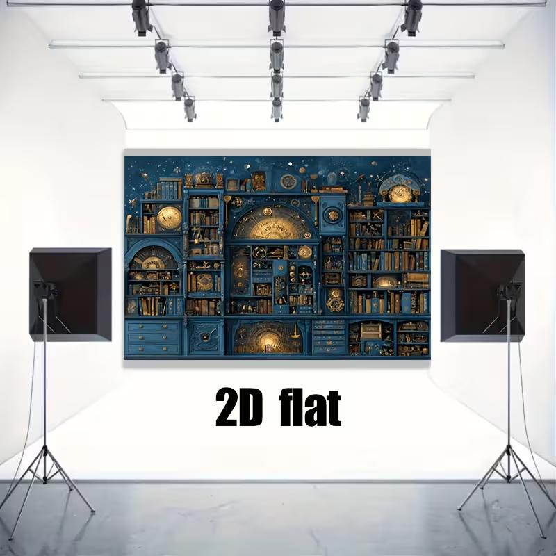 

2D Cosmic Astrology Bookshelf Backdrop, Ornate Blue Shelves with Golden Instruments & Books Decor 47.2x31.5inch/120*80cm
