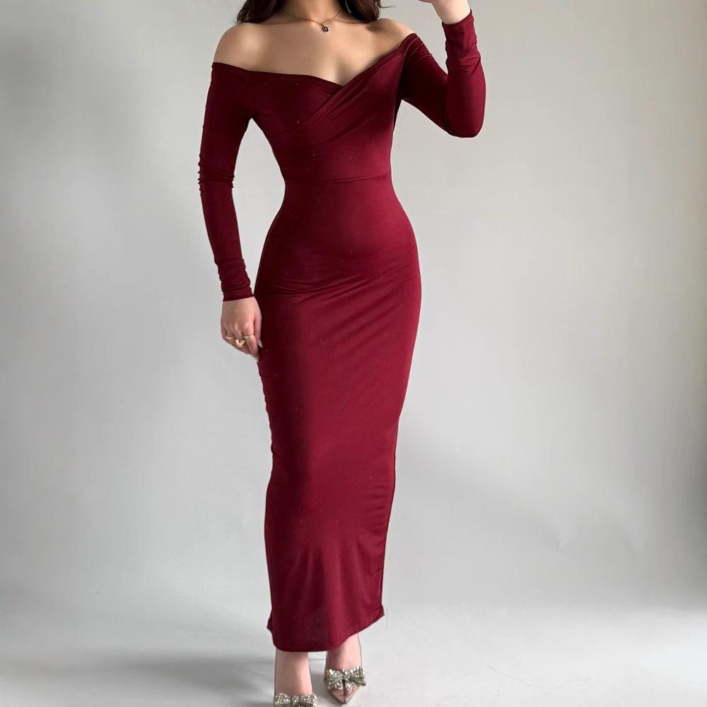 Off-Shoulder V-Neck Long Sleeve Slimming Bodycon Dress