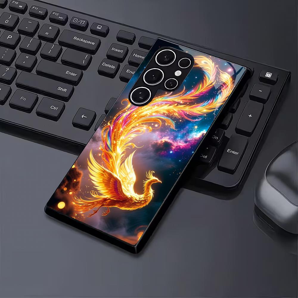 Fire Phoenix tempered glass phone case suitable for Samsung Galaxy S26 S25 S24 S23 S22 S20 FE/Ultra/Plus anti drop back cover