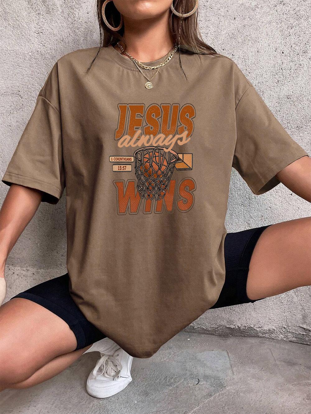 

Jesus Always Wins Basketball Letter Prints TShirt Women Cotton Summer Short Sleeve Soft Loose ONeck Tops Casual Womans Clothes S
