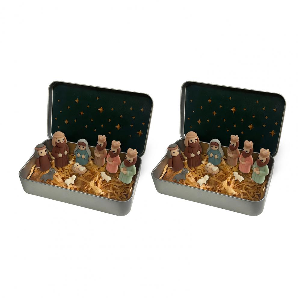 1/2/3Pcs Mini Nativity Scene Set in Tin Box Handcrafted Pocket Size Nativity Scene Tin Resin Birth of Jesus Ornament Christmas D