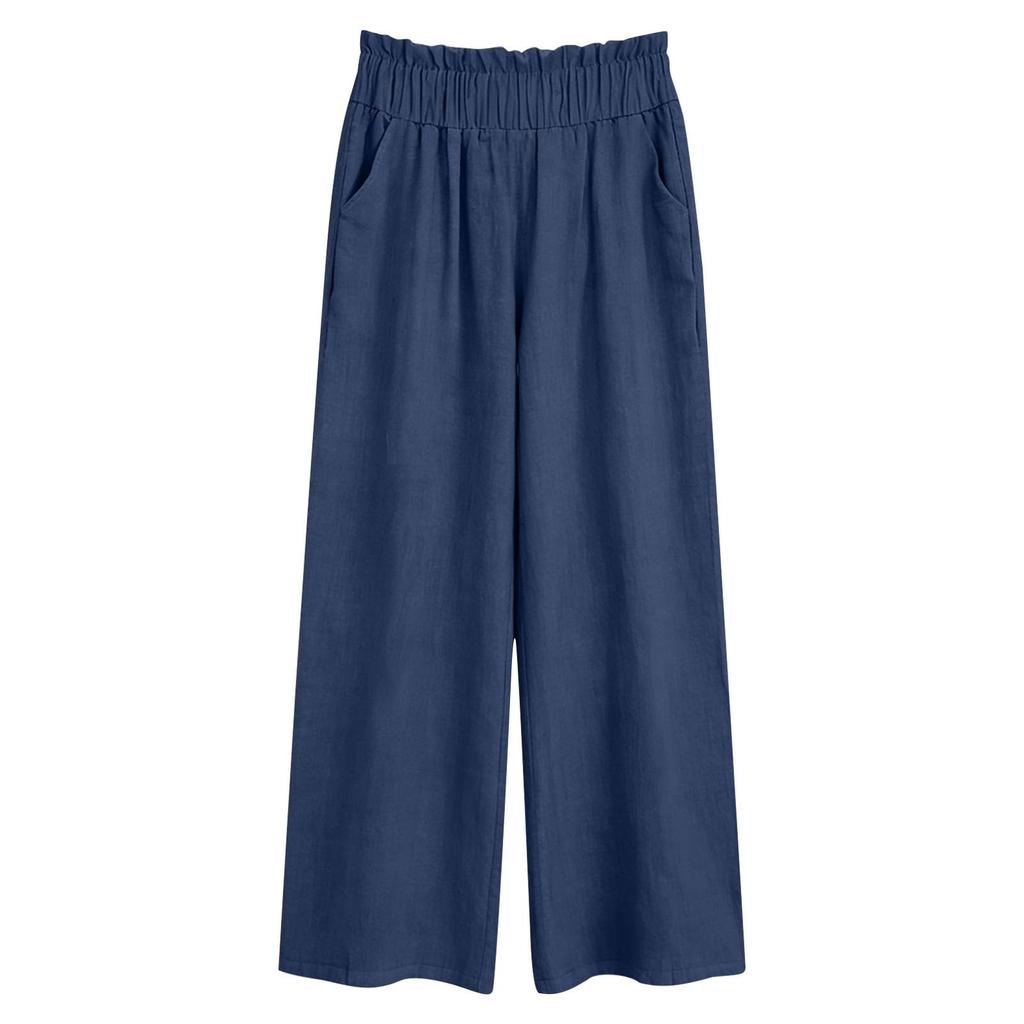 Pantalon Palazzo Large Décontracté en Lin pour Femmes Taille Élastique Polyvalent Business Casual Travail Pantalons Palazzo Avec Poches