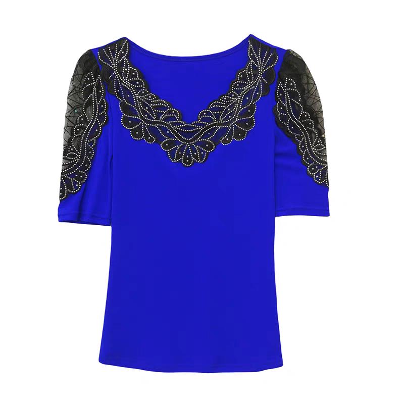 New Summer Luxury Shiny Hot Diamonds Women's Embroidery Flower T-Shirt Elegant V-Neck Lace Patchwork Tops Female Transparent Mid-Sleeve Tees