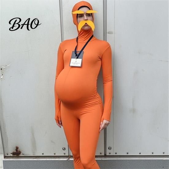 Skin Friendly Party Outfit Orange Full Bodysuit for Kids Adults, with Belly, Yellow Mustache & Eyebrows, Body Zentai Suit Men Women Open Face