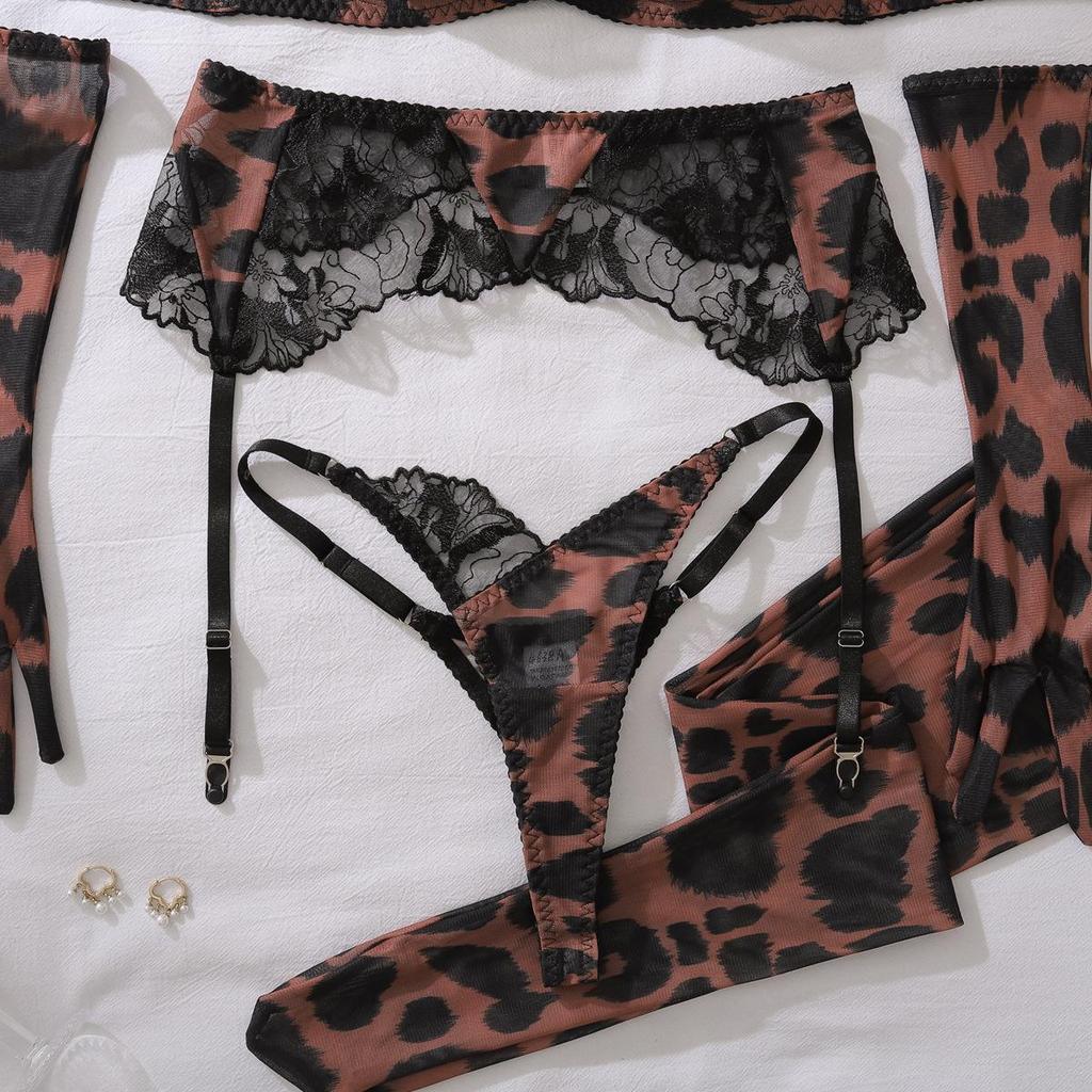 Sexy Damen-BH-Set Leopardenmuster Spitze Spleißung Dessous Mode Bequem 5-teiliges Dessous-Set