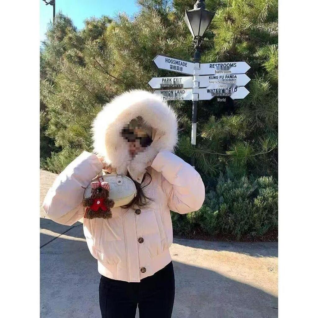 Women's Dark Blue Retro Winter Fur Collar Hooded Short Cotton Coat