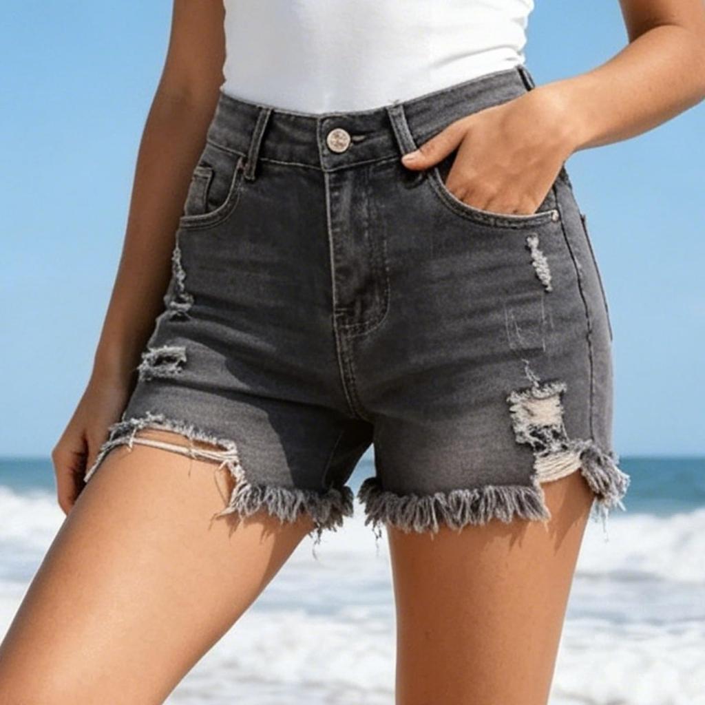 Women's High Waist Denim Shorts Ripped Raw Hem Jean Shorts Classic Five Pocket Design Non Stretch Fabric Casual Summer Bottoms