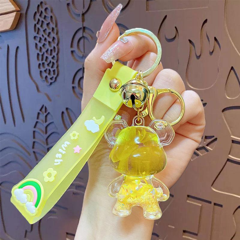 Cartoon Acrylic Oil Quicksand Cherry Blossom Bear Keychain Schoolbag Pendant Couple Car Key Chain Pendant Gift