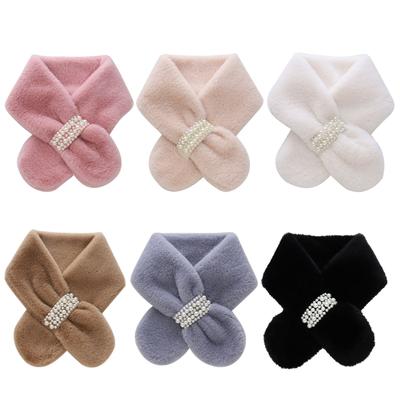 Girls Winter Warm Thicken Scarfs Pearl Cross Buckle Faux Fur Plush Cross Collar Scarf Shawl Lovely Warm Soft Scarf