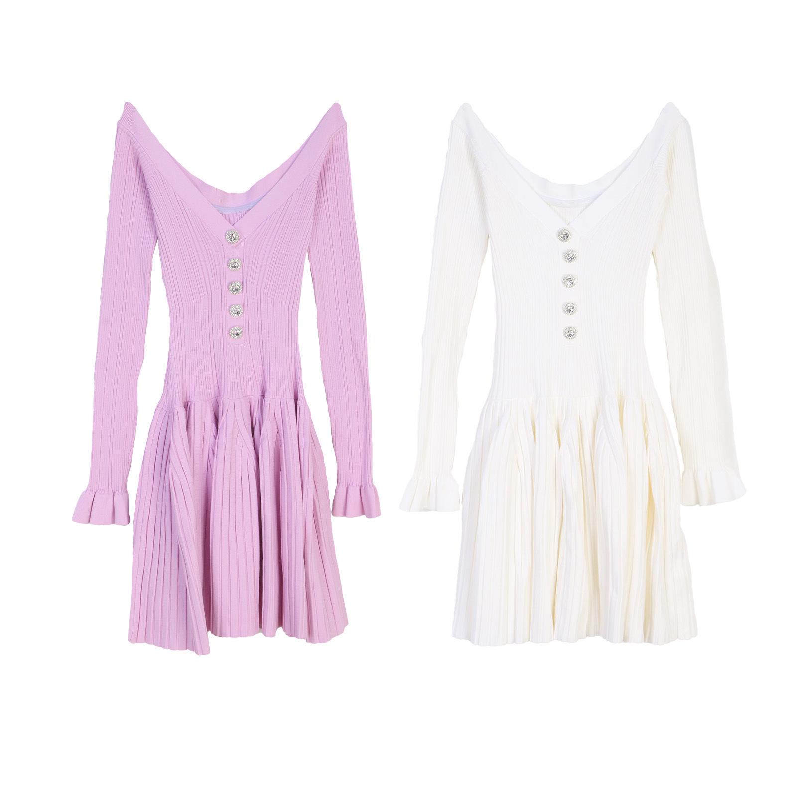 

French Niche Spring/Summer Celebrity Style Knitted Dress with Off-Shoulder Bell Sleeves Large