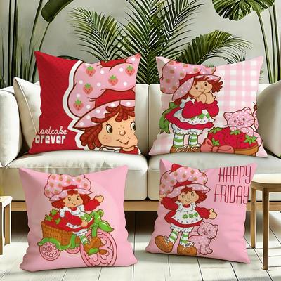 Cute SStrawberry Shortcake Cushion Cover Silky Short Plush Invisible Zipper Dustproof Sofa Pillow Case for Home Decor