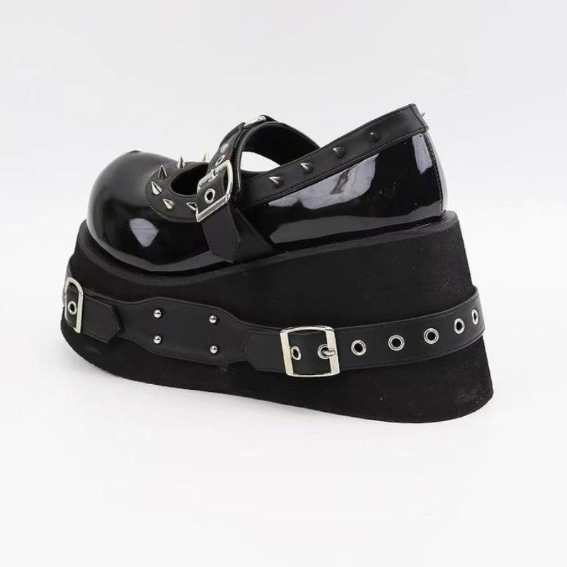 Fashion Shoes for Women Heightened Rivet Belt Buckle Punk Loafer Dark High Quality Leather Platform Shoes Womens Mary Jane Shoes Tacones