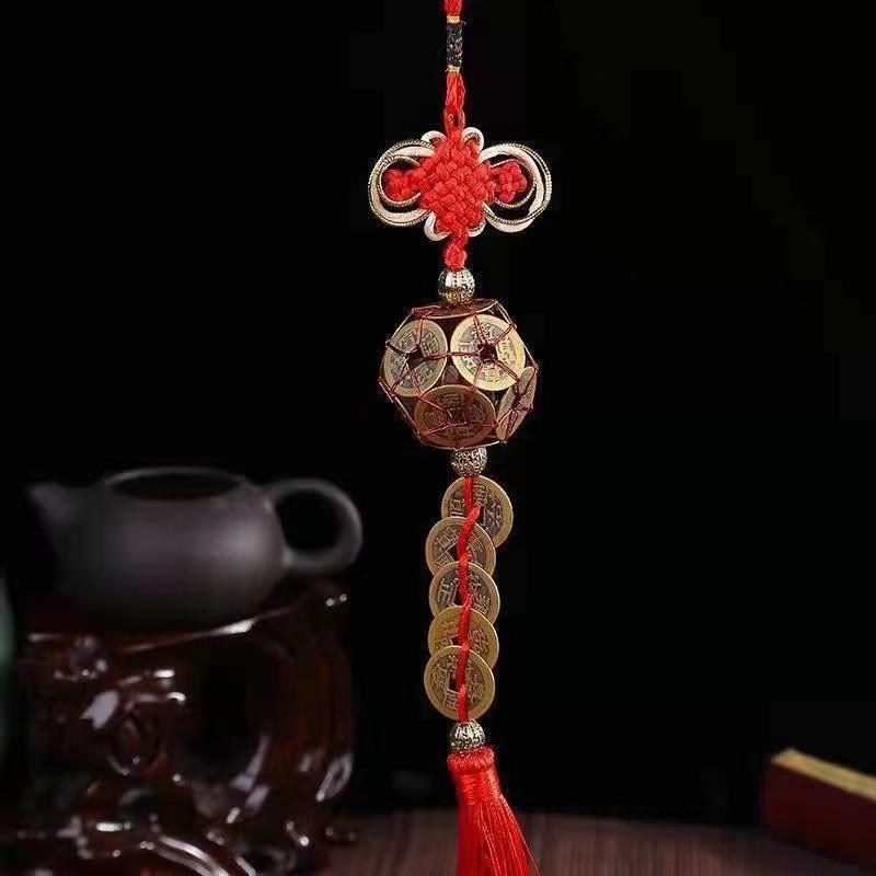 Fu Lu Zhen Zhai Chinese Gourd Pendant with Five Emperors Copper Coins and Gold Edge – Wealth Knot Ornament Gift