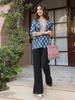 Navy Blue Floral Printed Sequinned Pure Cotton Top