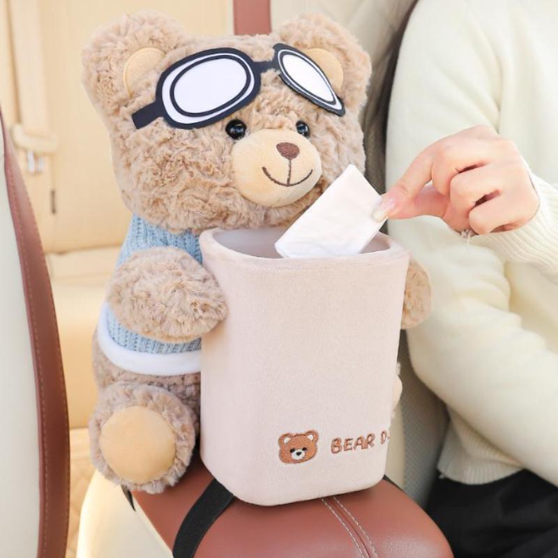 Bär Auto Taschentuchbox und Mülleimer 2 in 1 Kreativer Aufbewahrungs-Organizer für Mittelkonsole Niedliche Armlehnen-Akzente für Reisefahrzeug Zuhause