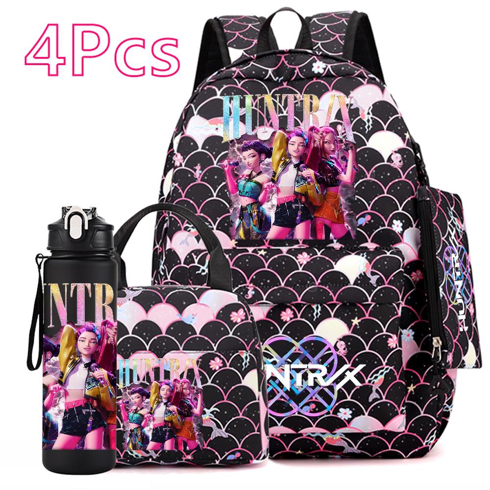 4 Adet/set KPOP Sırt Çantası El Çantası Kalemlik 750Ml Matara Genç Erkek Kız İçin Büyük Kapasiteli Kitap Çantası Karikatür Baskılı Okul Çantası Mochila