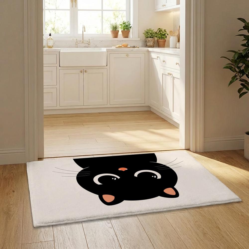 Cartoon Cute Black Cat Kawaii Floor Mat Flannel Door Mat Non-Slip Bedroom Living Room Home Decor