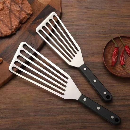 Stainless Steel Slotted Spatula with Wooden Handle Heavy-Duty Turner for Steak Fish BBQ Heat-Resistant Rust-Proof Essential Kitchen Tool for Flipping