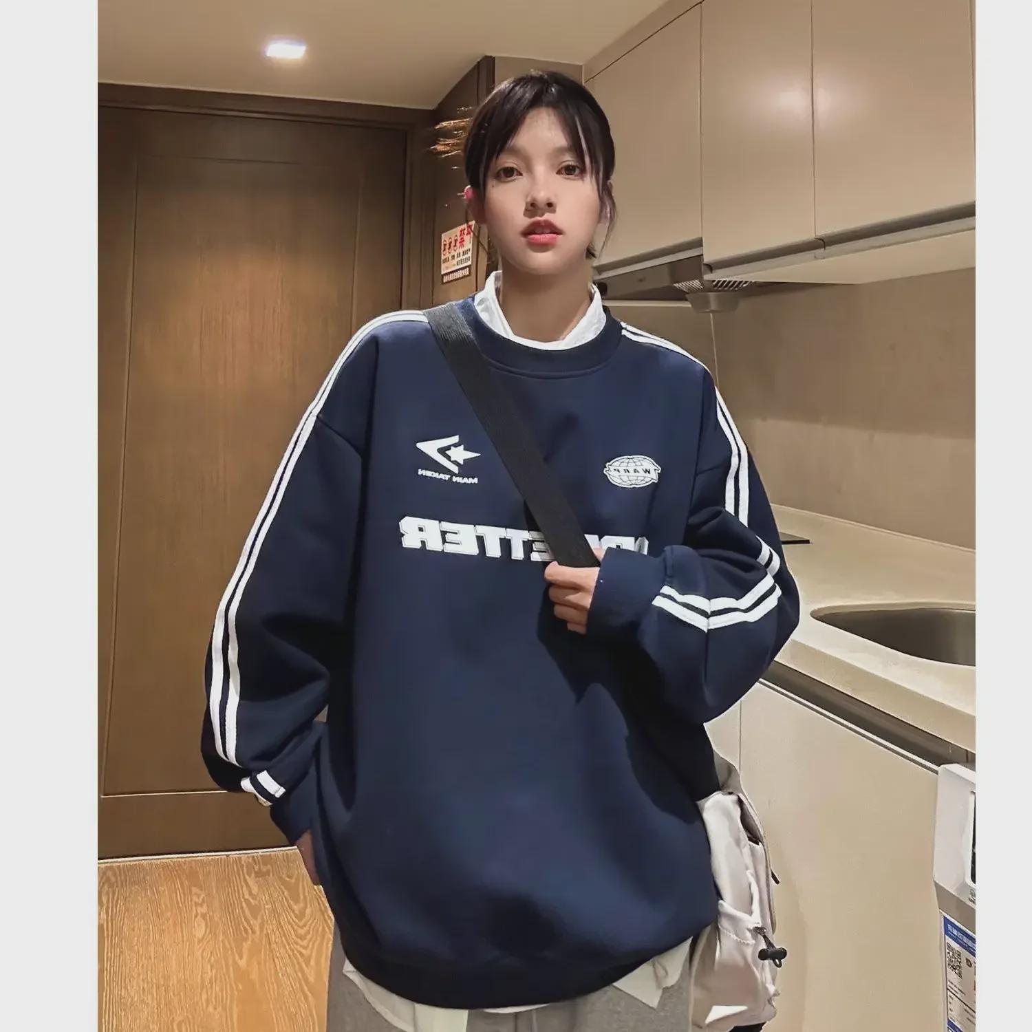 

Женский свободный свитер в американском стиле с круглым вырезом для пары 2024 года — весна/осень Large темно-синий