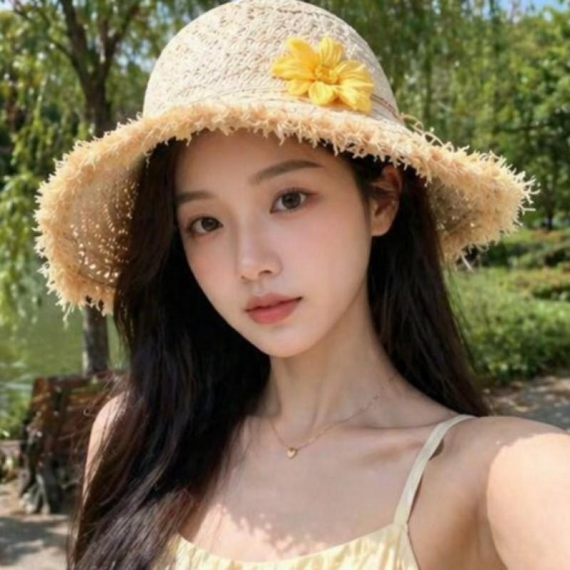 Wide Brim Straw Hat Women Sun Protection Floral Decorated Beach Vacation