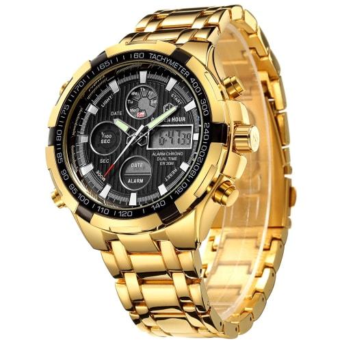 

GOLDEN HOUR Luxury Stainless Steel Analog Digital Watch for Men, Outdoor Sports, Waterproof, Big Heavy Watch, Gold Black, Minimalist.