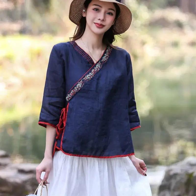New spring and summer cotton and linen seven-quarter-sleeved diagonal placket lace-up embroidered V-neck top