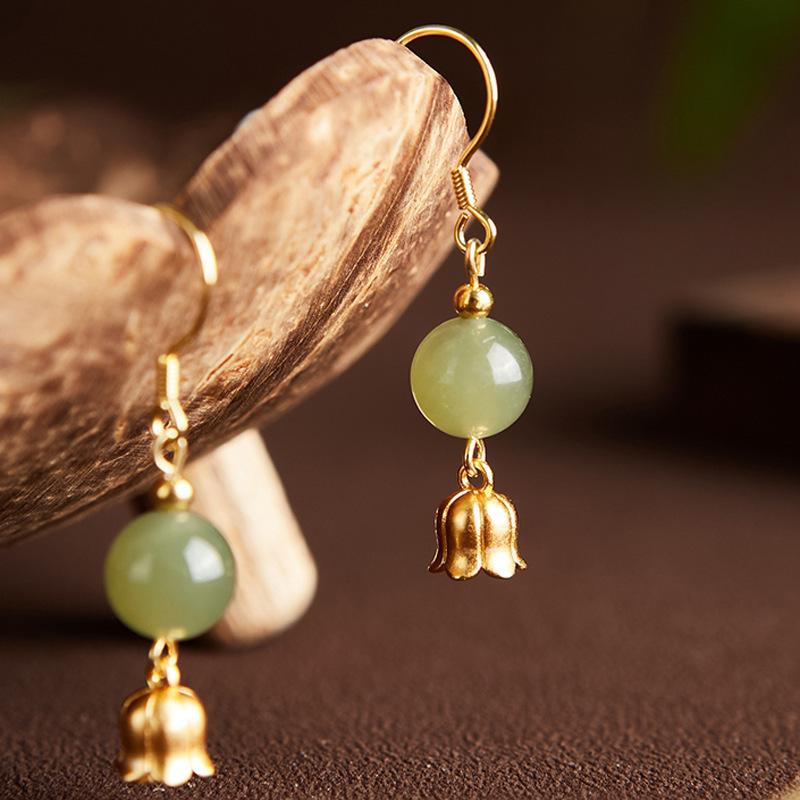 Hetian Jade Ear Hook Earring Women's High-end Temperament Ethnic Retro Earrings Cloisonne Craft Dangler Gift