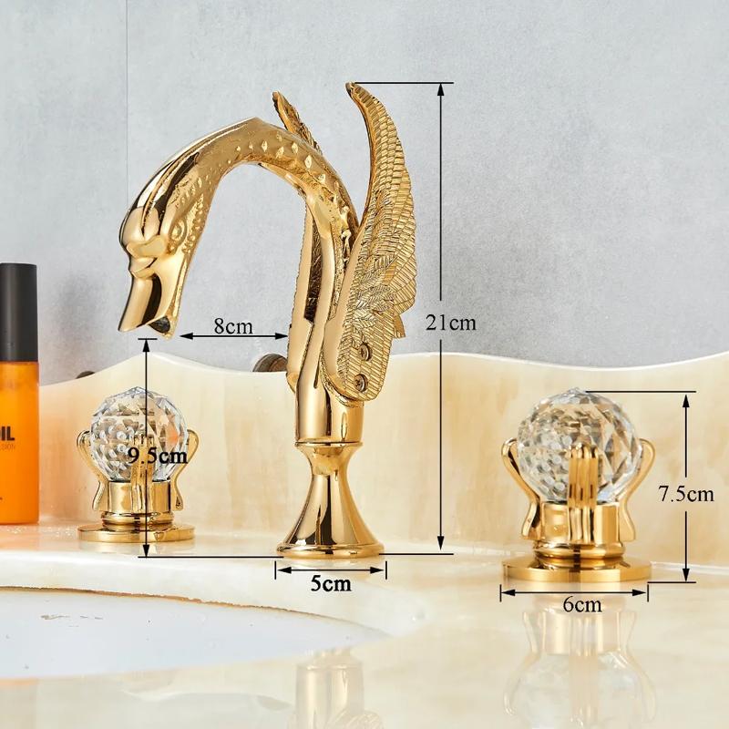 Wanmivezlo Gold Swan Basin Faucet Luxury Deck Mounted Dual Crystal Handle Bathroom Mixer Tap Cold and Hot Water Mixer Faucet
