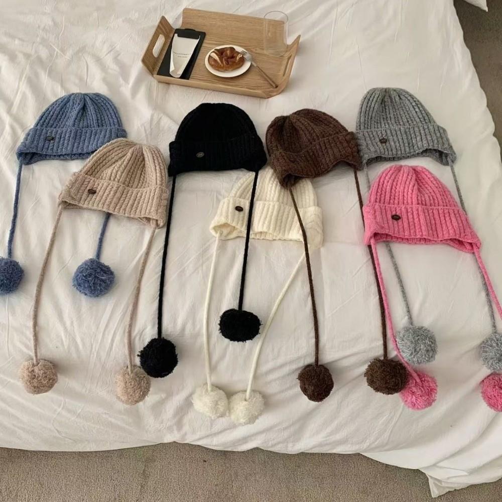 Windproof Y2k Knitted Cap Thick Beanie Hats Japanese Pom-pom Knit Cap  Outdoor