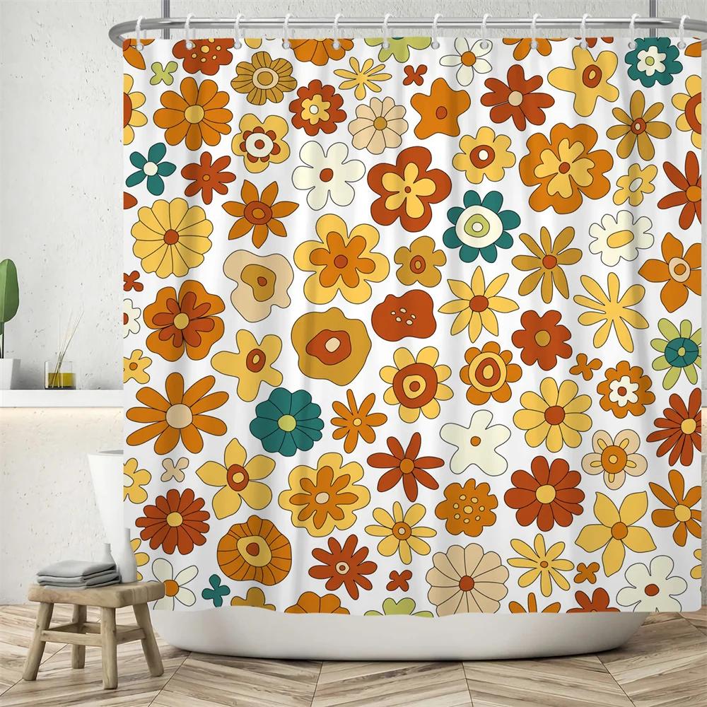 70's Colorful Flowers Shower Curtain Rainbow Mushroom Printing Bathroom Curtains Polyester Waterproof Bathtub Screen with Hooks