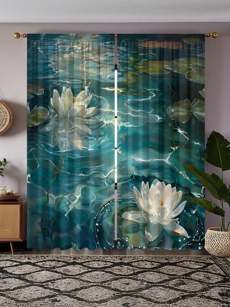 2pcs Water Lotus Print Sheer Curtains - Modern Design   Polyester Knit Fabric   Machine Washable - Suitable For Bedroom   Office