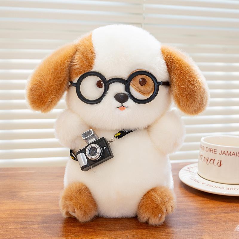 Cartoon Flower-Faced Dog Plush Toy with Glasses - Cute Desk Companion Doll