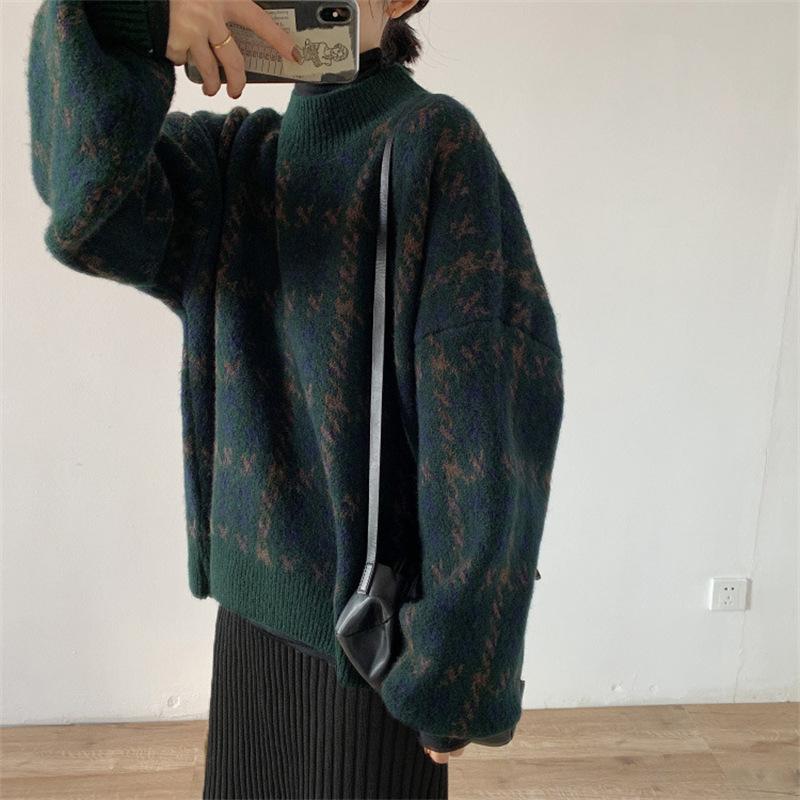 Women Thickened Retro Contrast Color Knitted Sweater Houndstooth Winter Loose Round Neck Pullover