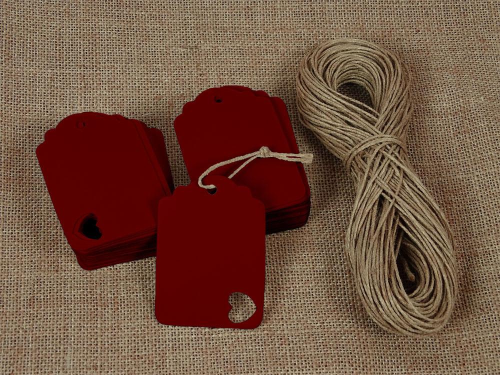 100 Pcs Wedding Favor Hang Tag Rectangular Shape Heart Punched Gift Tags with Free Natural Jute Twine