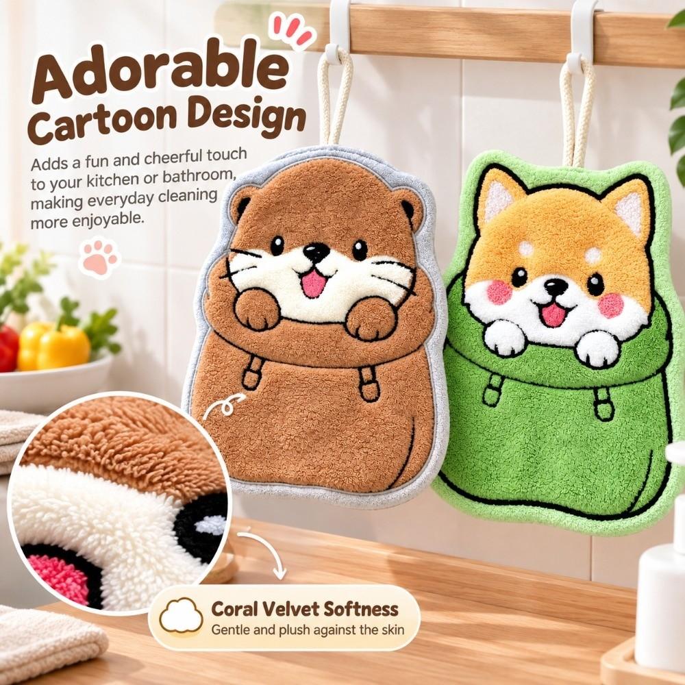 Cartoon Style Kitchen Cleaning Towel Coral Velvet Hanging Towel Cute Cleaning Rag Restaurant