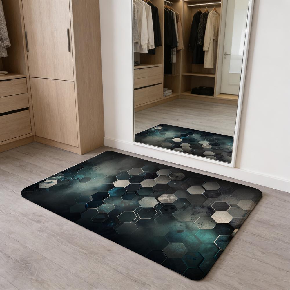 Abstract Hexagon Pattern Floor Mat Flannel Door Mat Non-Slip Absorbent Washable Indoor Home Rug