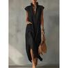 Summer Women's Cotton Linen Dress, Casual Sleeveless Solid Color V Neck Loose Dress for Women, European American Style