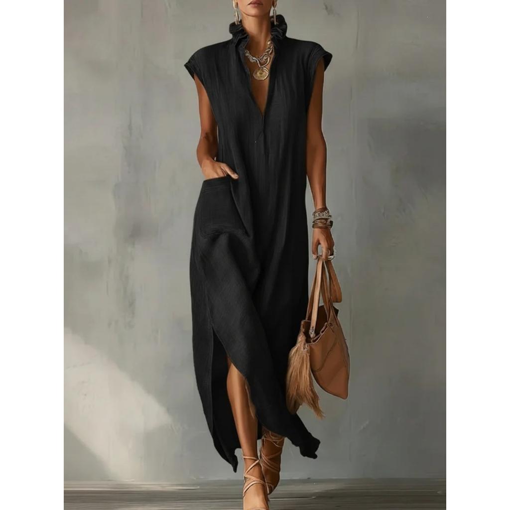 Summer Women's Cotton Linen Dress, Casual Sleeveless Solid Color V Neck Loose Dress for Women, European American Style