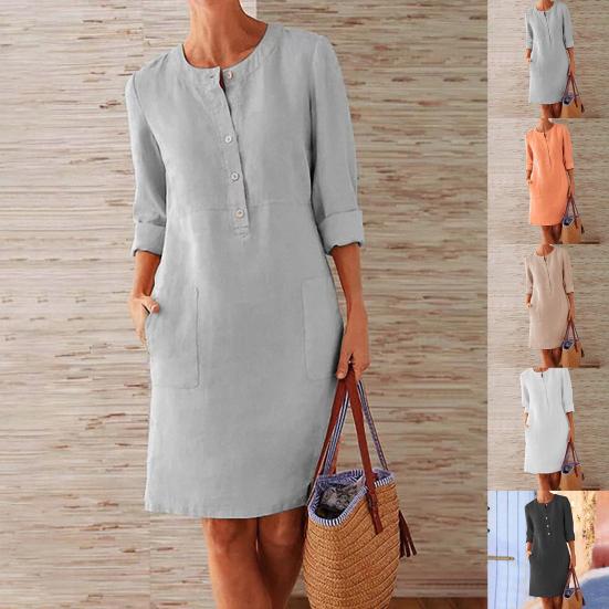 Women Dress Solid Color Pockets Summer Round Neck Long Sleeve Buttons Dress for Dating